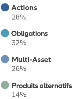 Légende Actions 27%, Obligations 34%, Multi-Asset 25%; Produits alternatifs 14%